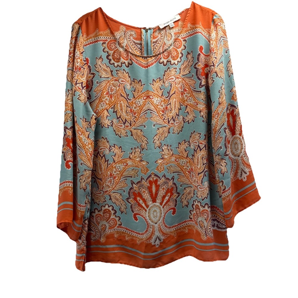 Rose & Olive Women's Top Size M Orange Blue Bohemian Colorful Slits Back Zipper‎